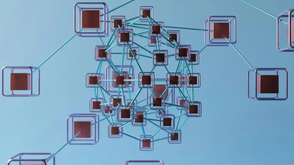 A network of interconnected cubes and thin blue lines against a light blue background, illustrating coordinated distribution